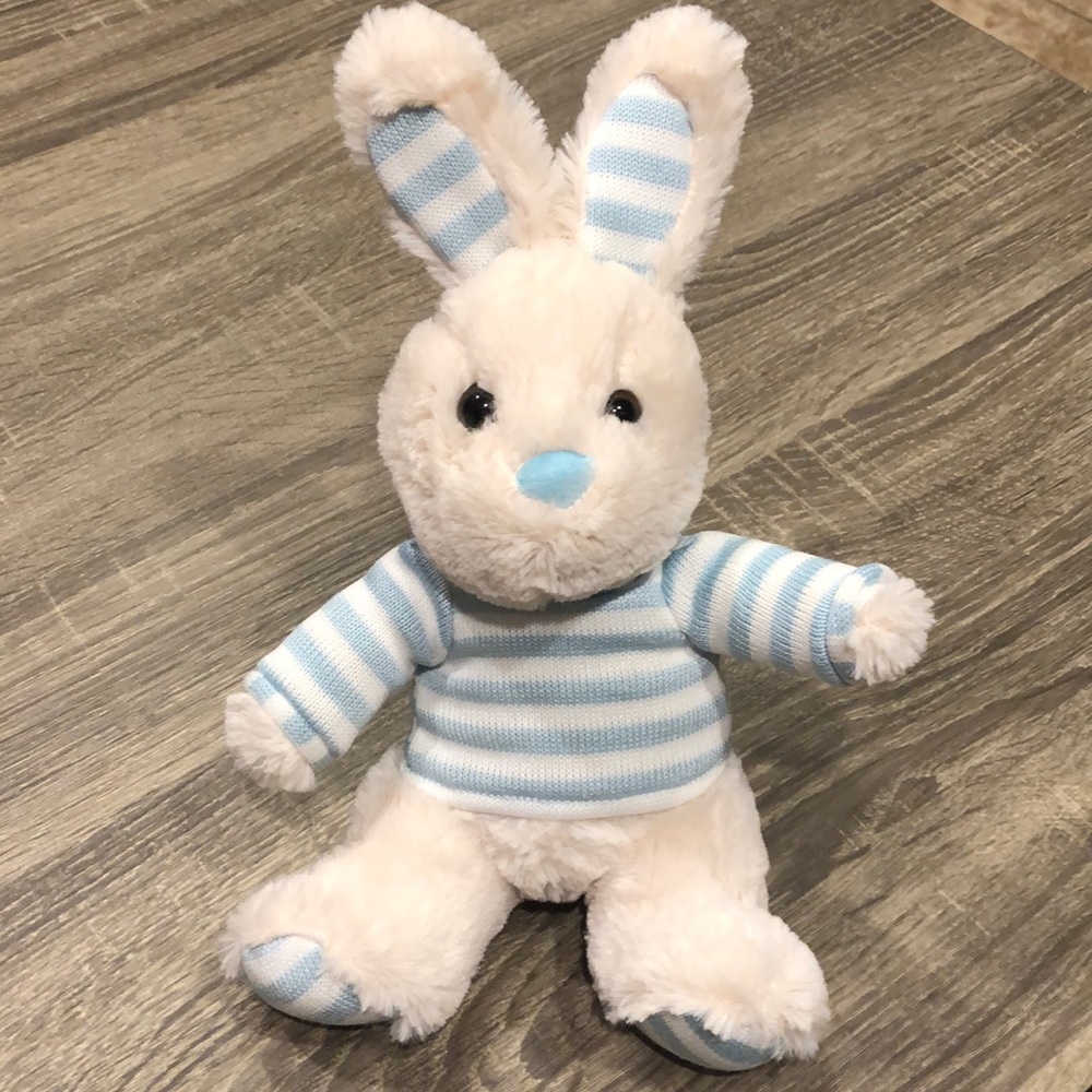 Goffa White Stuffed Bunny Toy with Light Blue and White Stripes